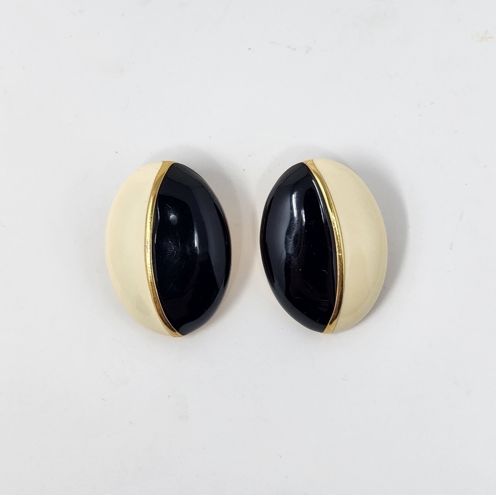 VINTAGE MONET CLIP-ON EARRINGS IN BLACK, CREAM, AND GOLD